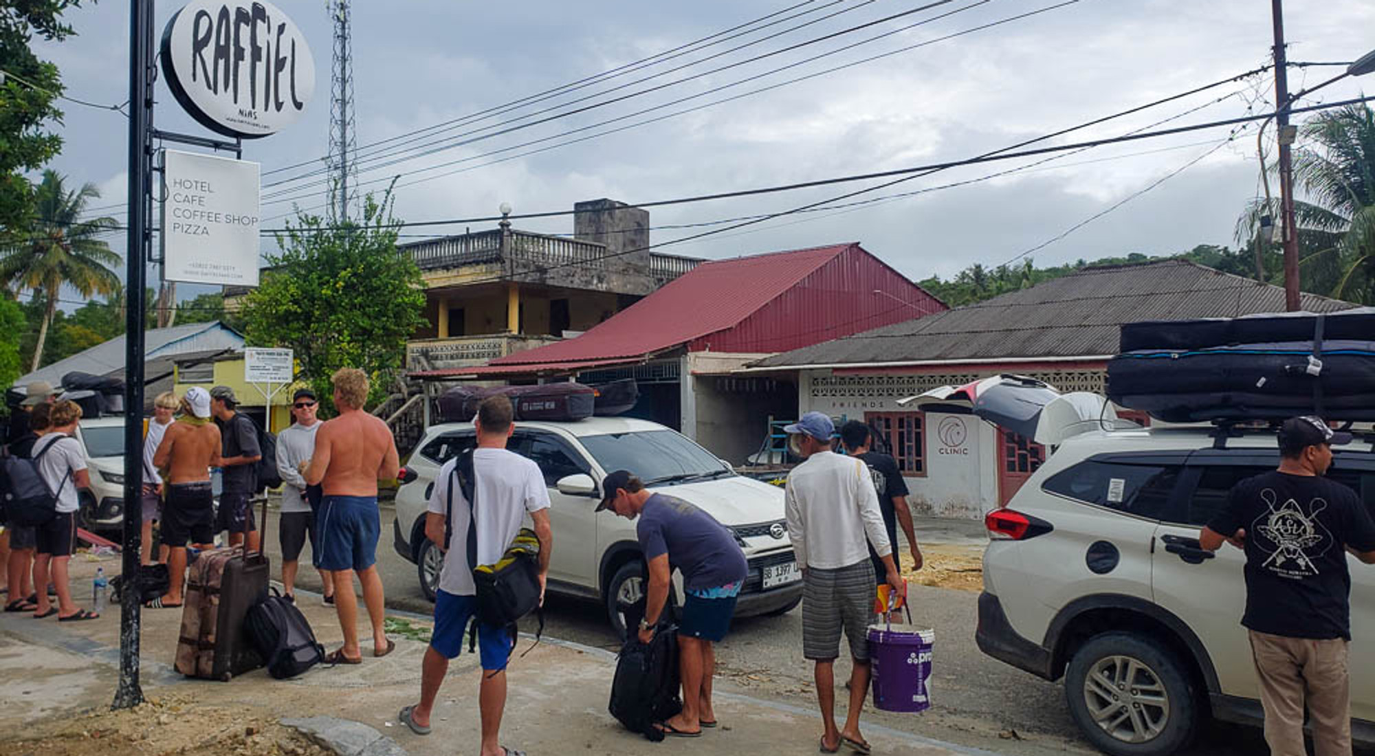 Raffiel Nias airport transfer vehicle carrying surfboard bags to Sorake Beach